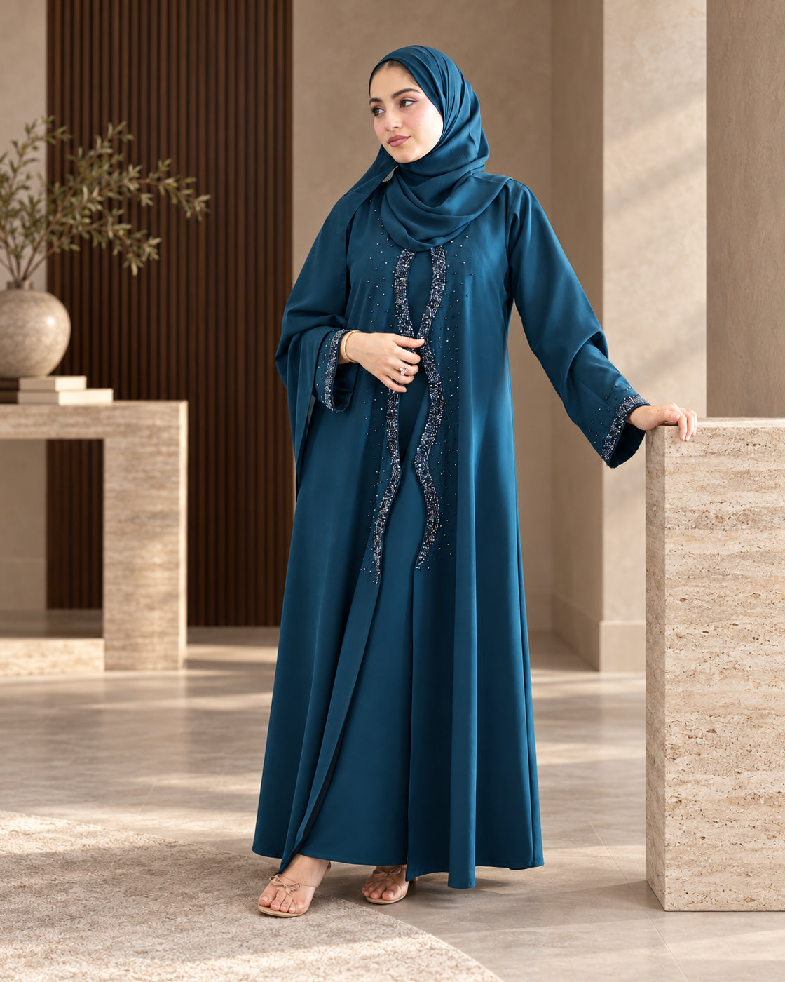 Teal Blue Beaded Embellished Abaya - 0926193