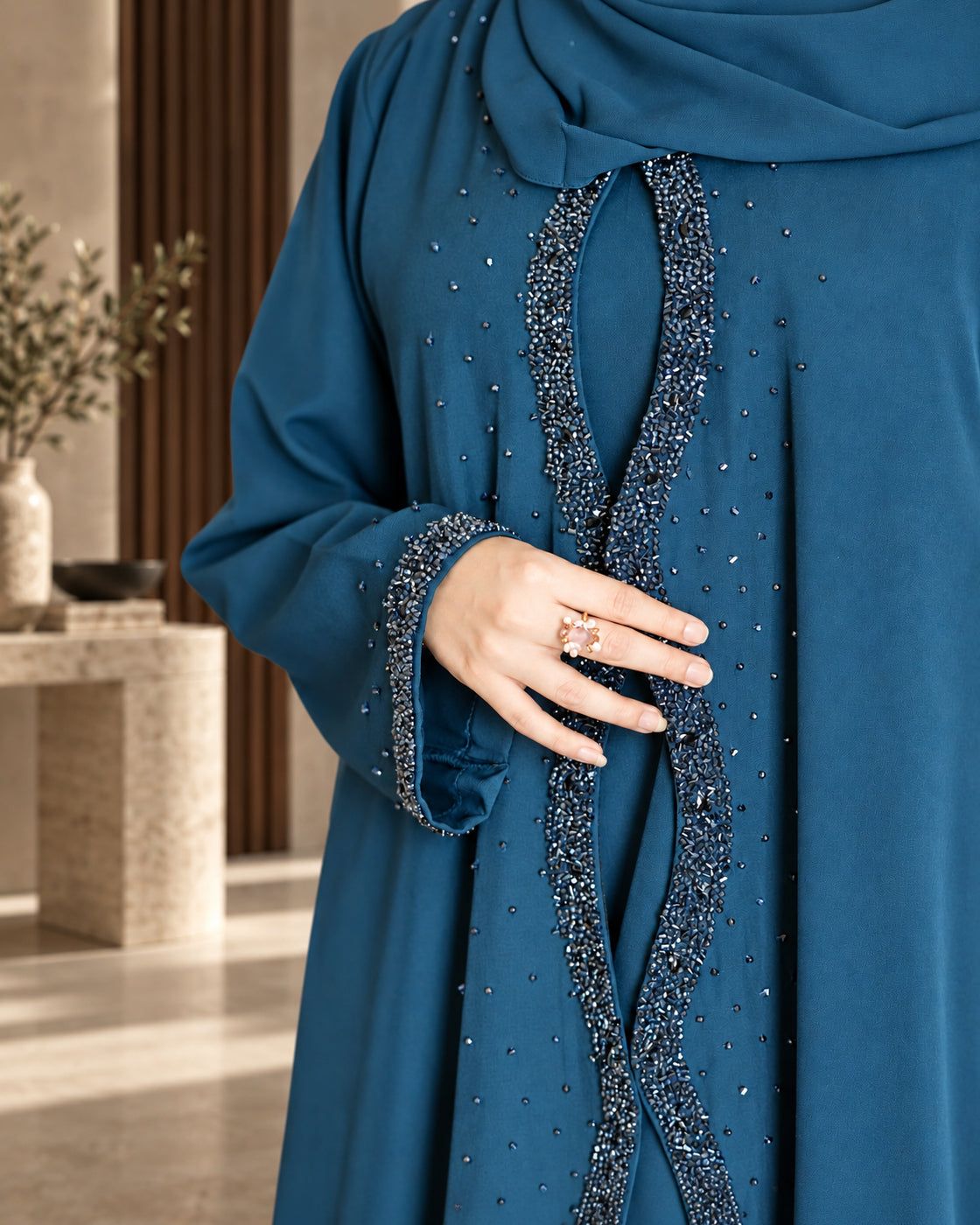 Teal Blue Beaded Embellished Abaya - 0926193
