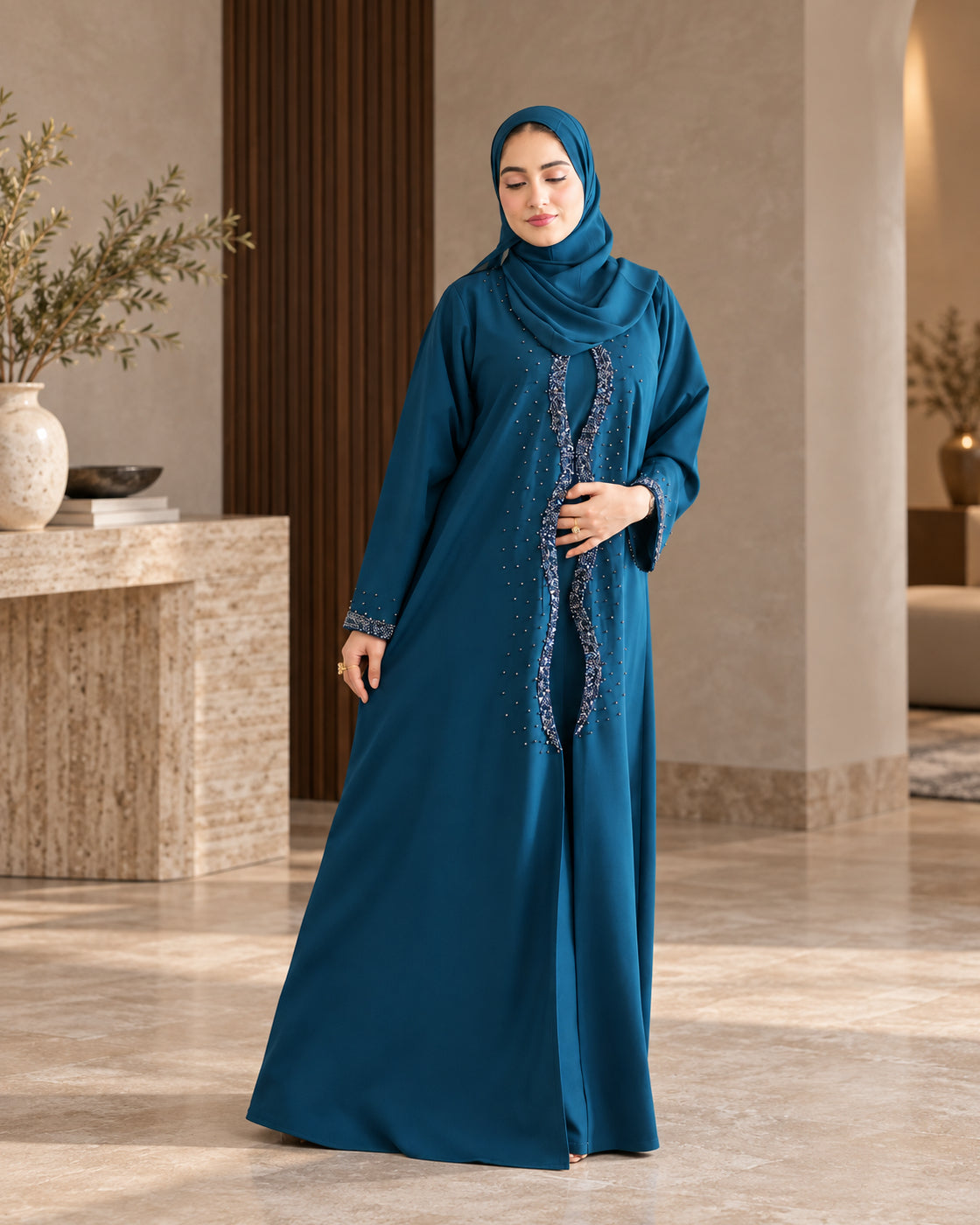 Teal Blue Beaded Embellished Abaya - 0926193