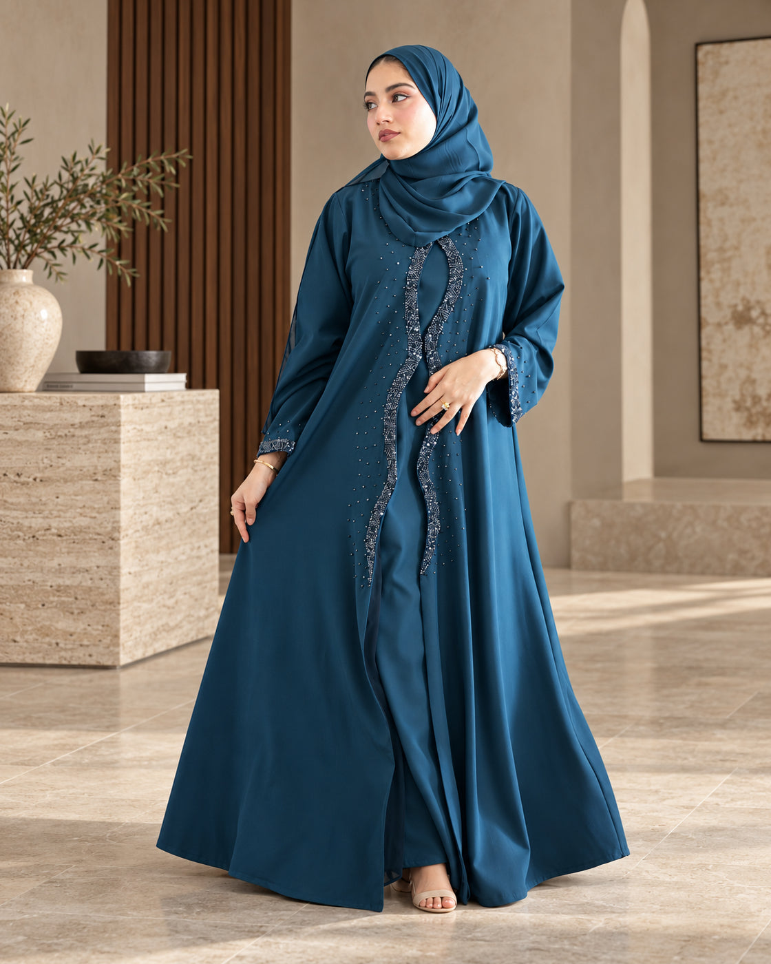 Teal Blue Beaded Embellished Abaya - 0926193