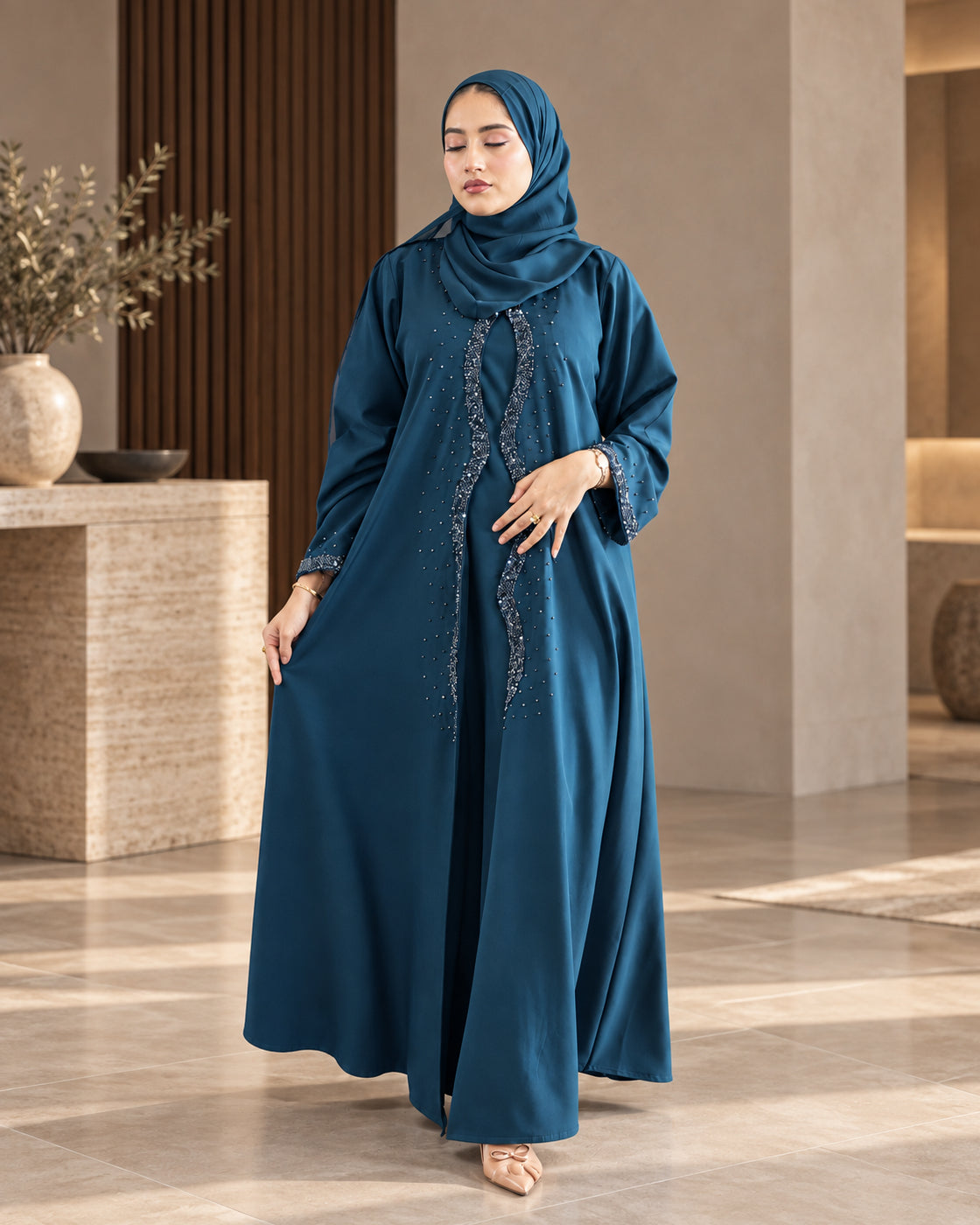 Teal Blue Beaded Embellished Abaya - 0926193
