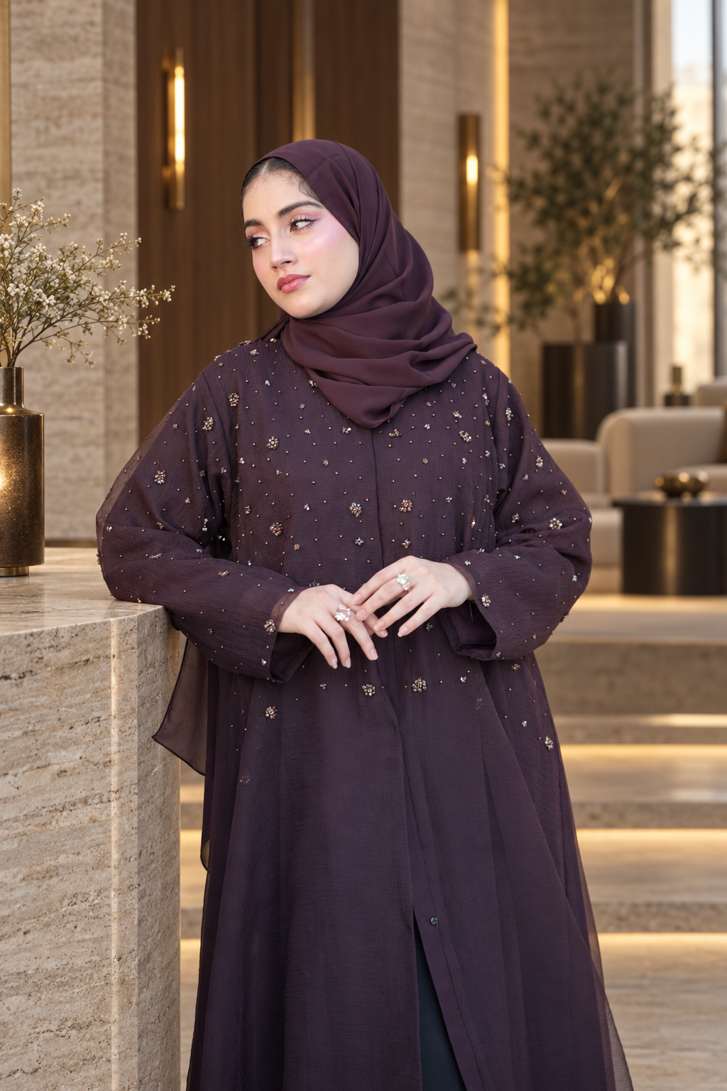 Midnight Plum Beaded Layered Abaya Set - 092671