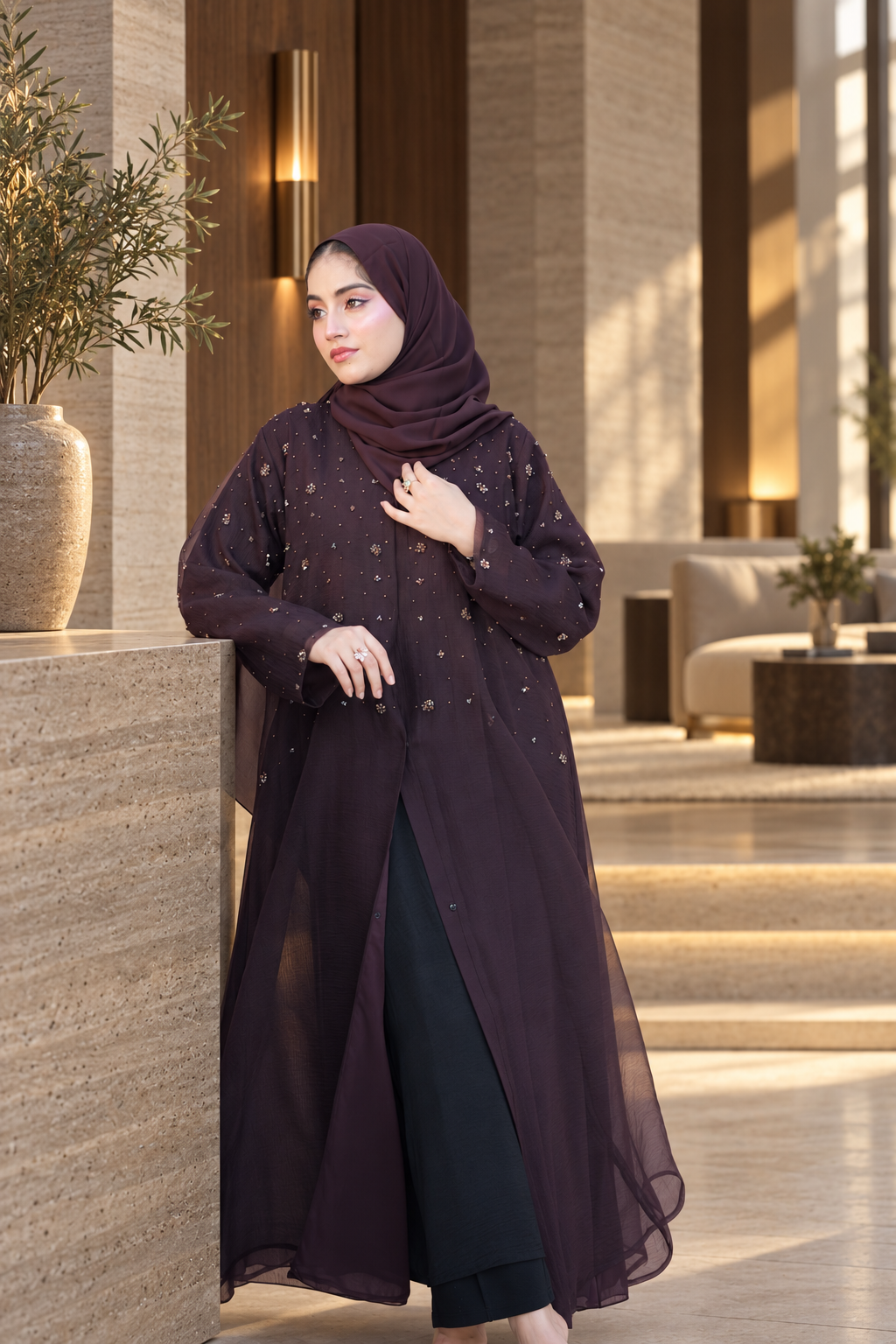 Midnight Plum Beaded Layered Abaya Set - 092671