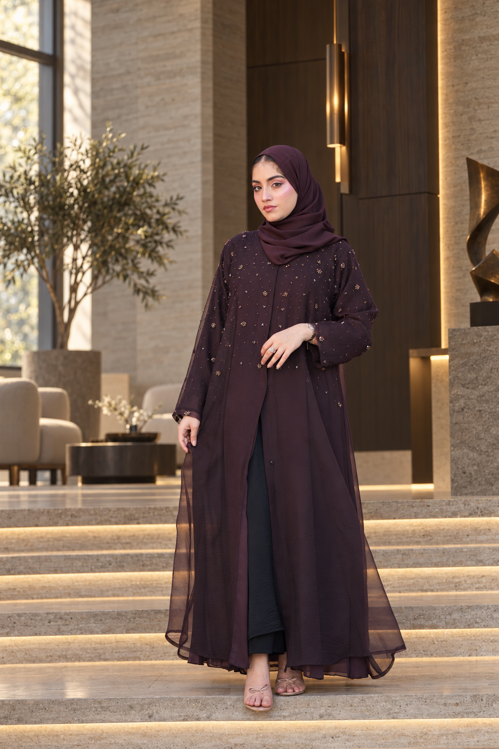 Midnight Plum Beaded Layered Abaya Set - 092671