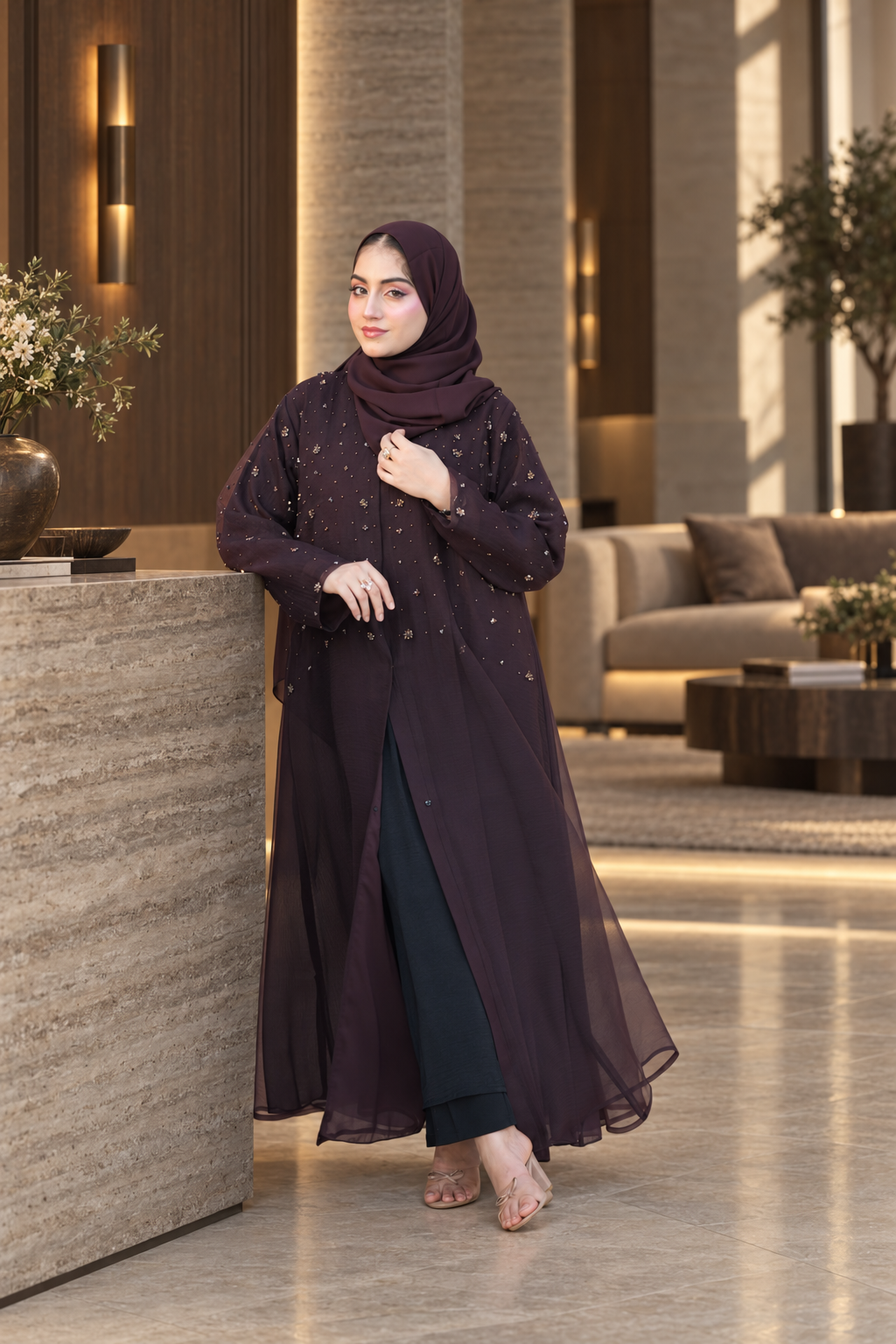 Midnight Plum Beaded Layered Abaya Set - 092671