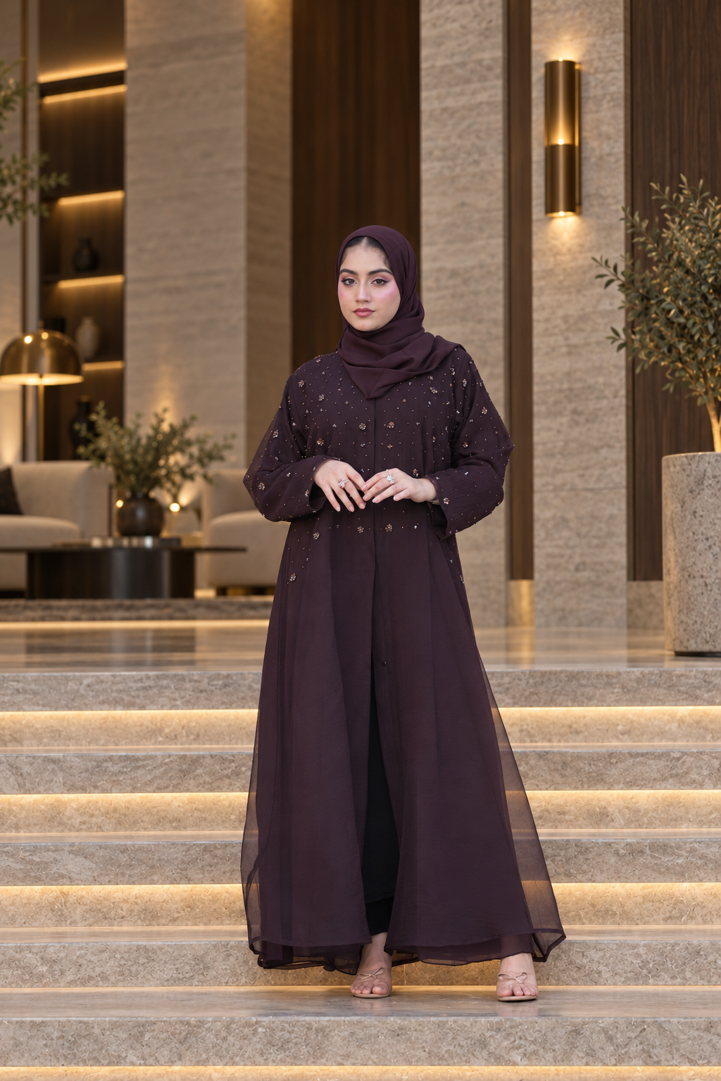 Midnight Plum Beaded Layered Abaya Set - 092671