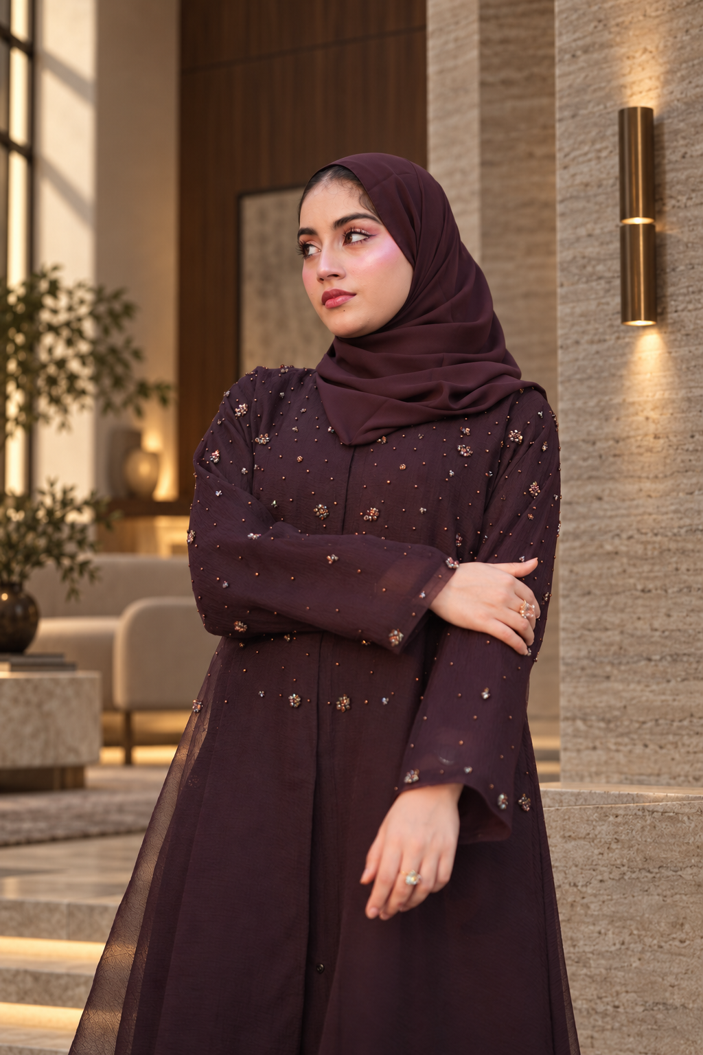 Midnight Plum Beaded Layered Abaya Set - 092671