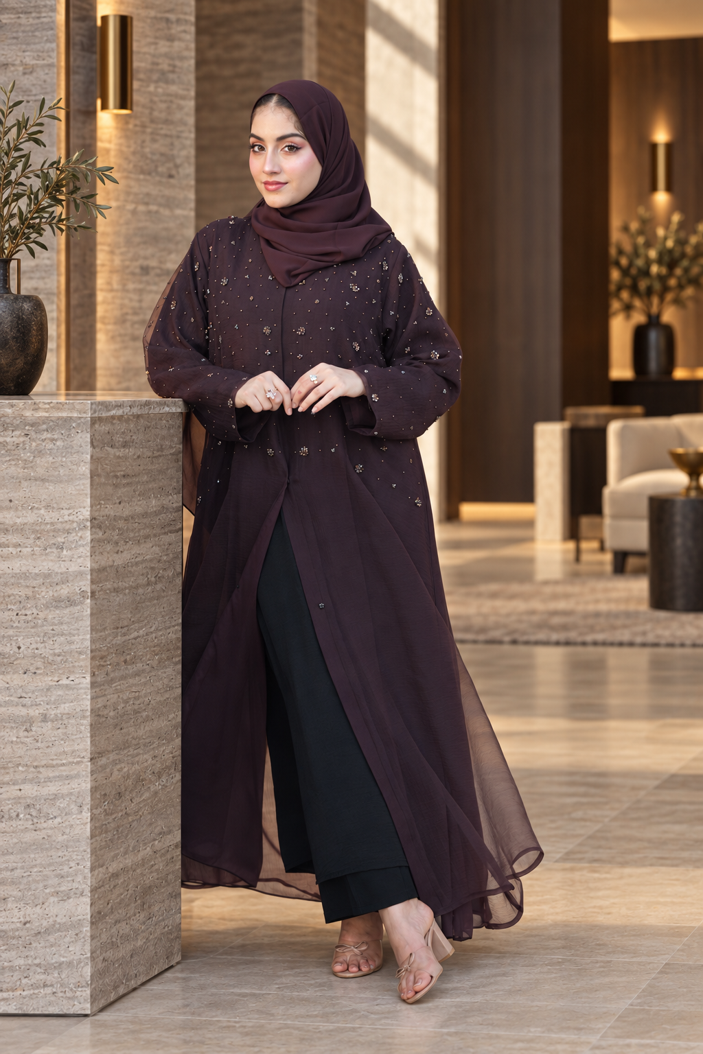 Midnight Plum Beaded Layered Abaya Set - 092671