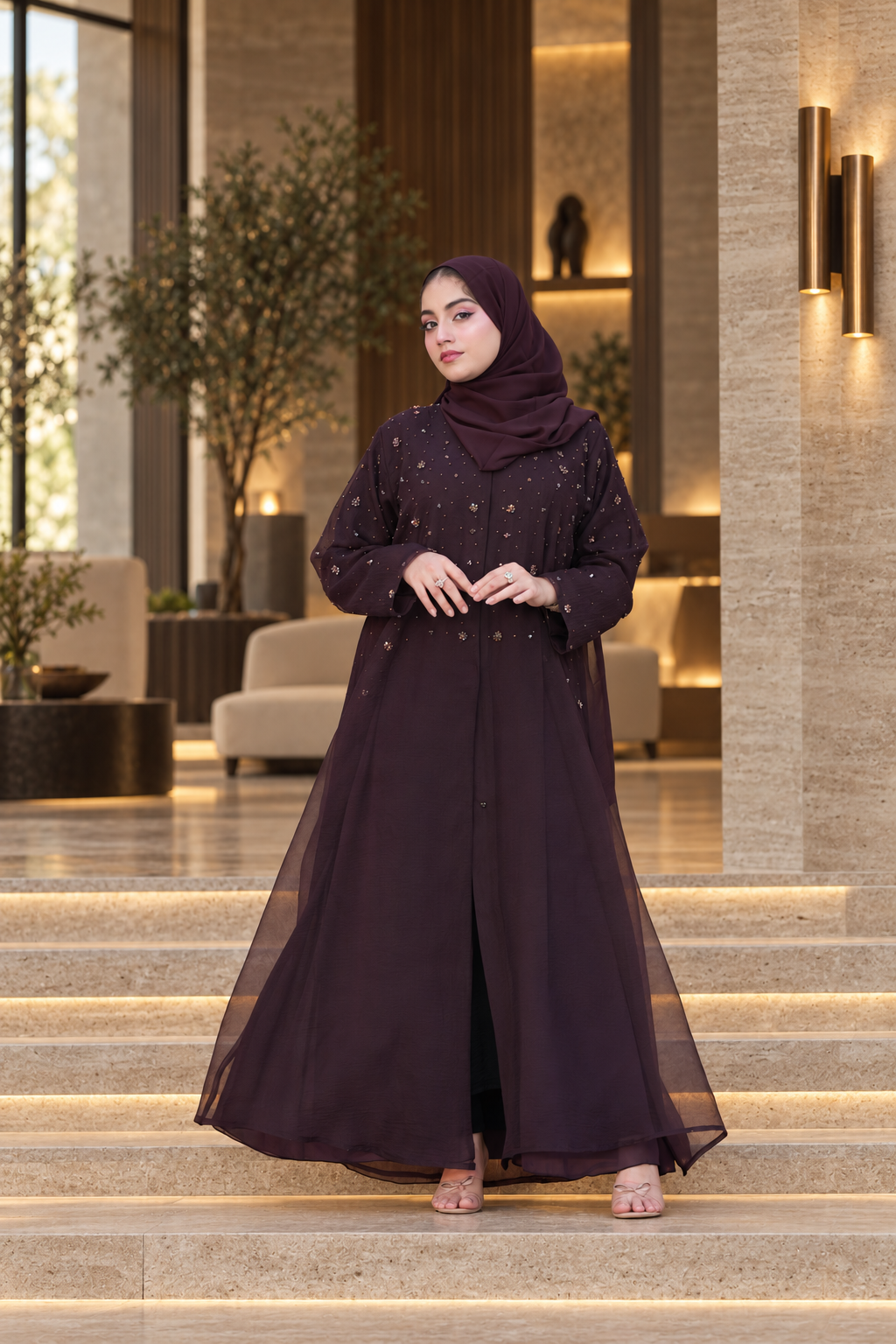 Midnight Plum Beaded Layered Abaya Set - 092671