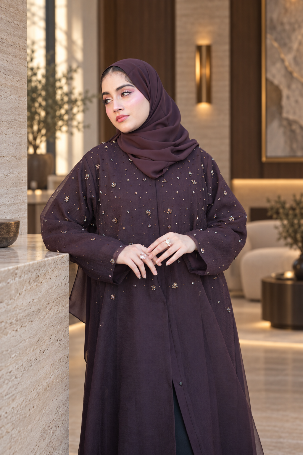 Midnight Plum Beaded Layered Abaya Set - 092671