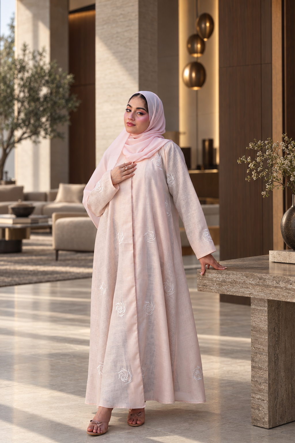 Blush Rose Embroidered Abaya Set - 092672