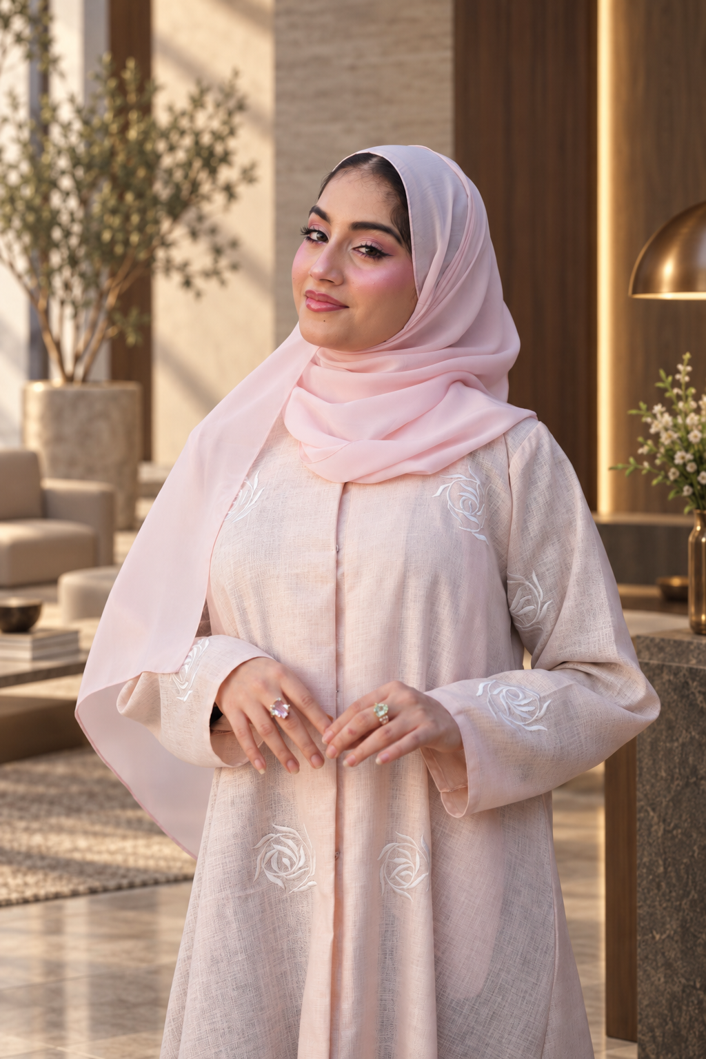 Blush Rose Embroidered Abaya Set - 092672