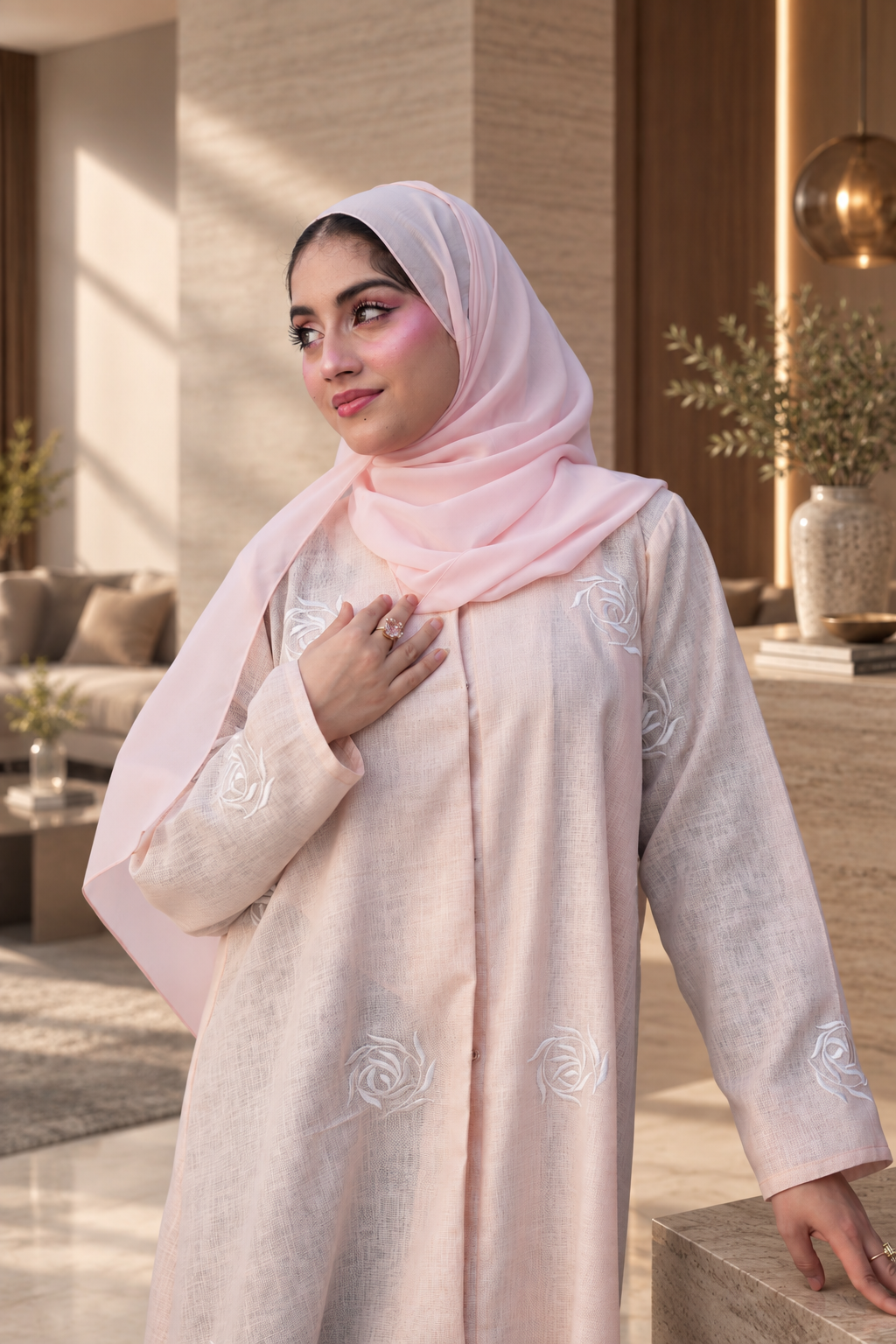 Blush Rose Embroidered Abaya Set - 092672