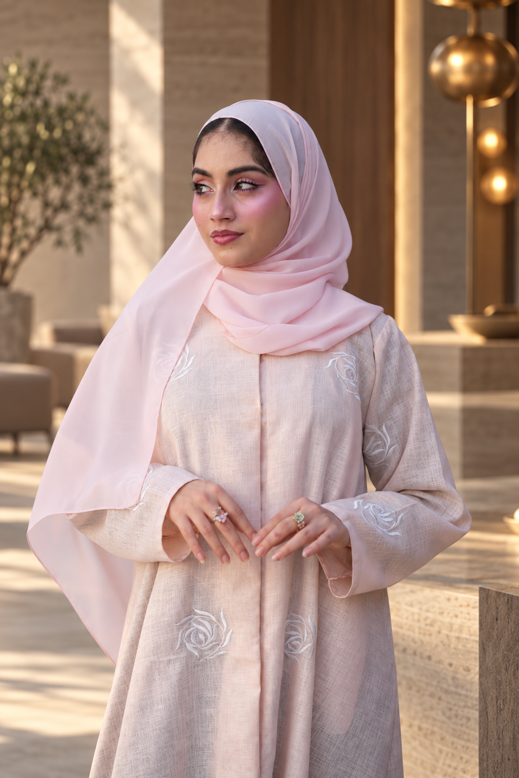 Blush Rose Embroidered Abaya Set - 092672