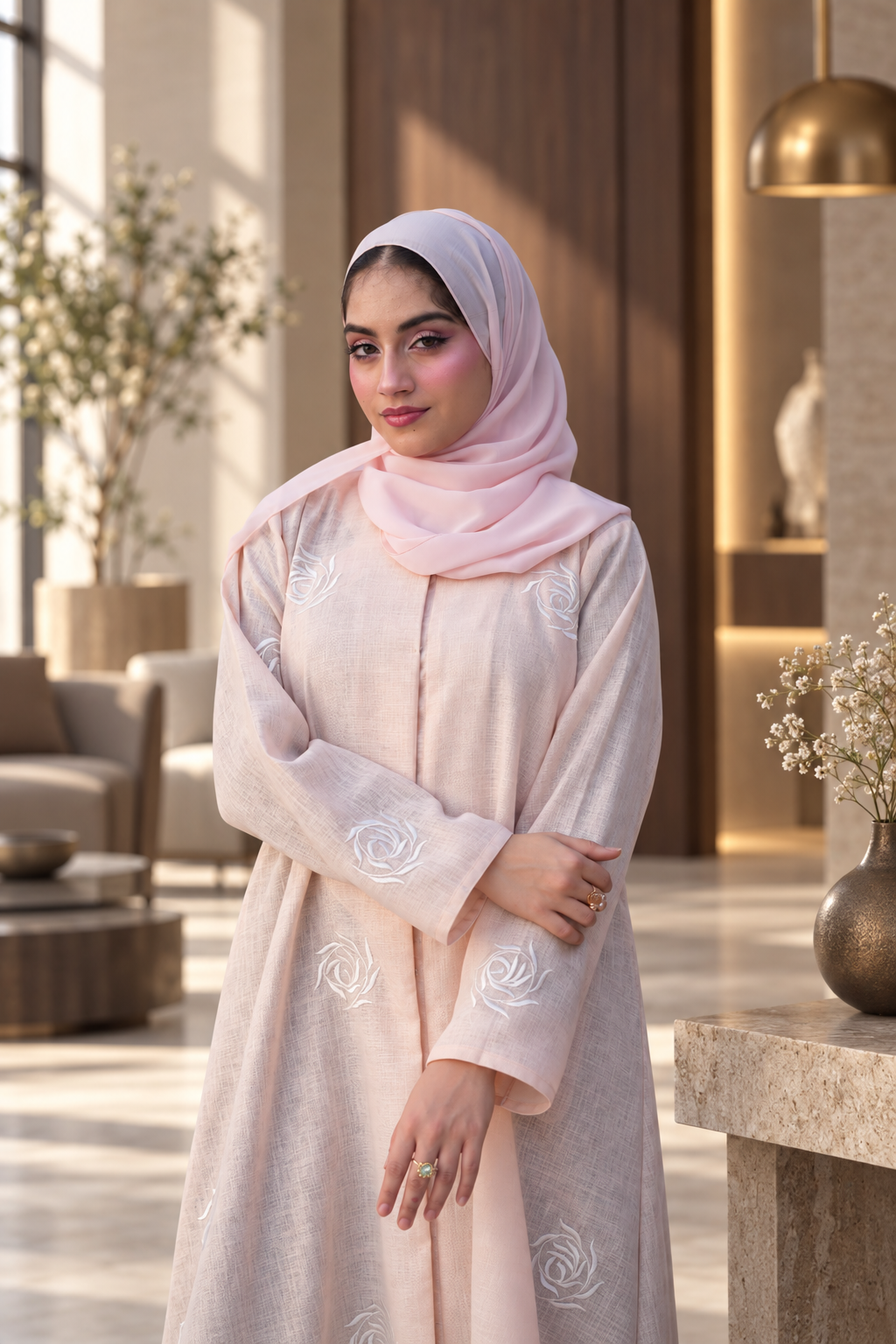 Blush Rose Embroidered Abaya Set - 092672