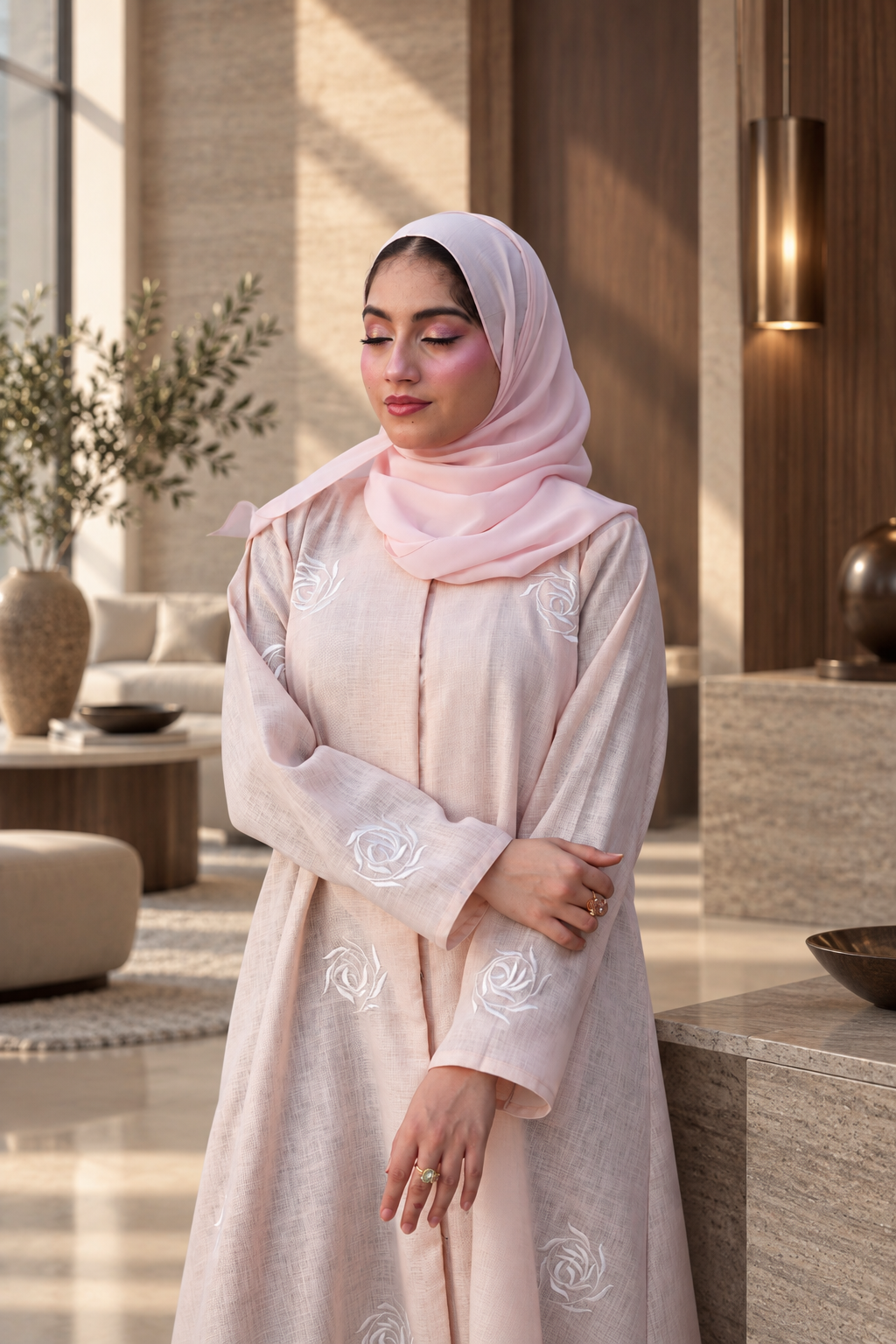 Blush Rose Embroidered Abaya Set - 092672