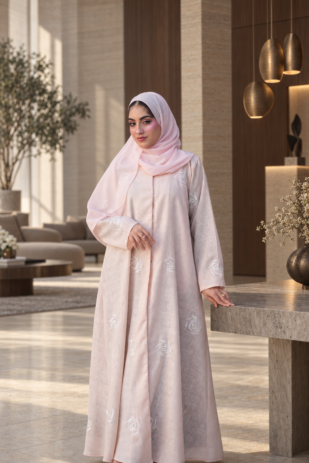 Blush Rose Embroidered Abaya Set - 092672