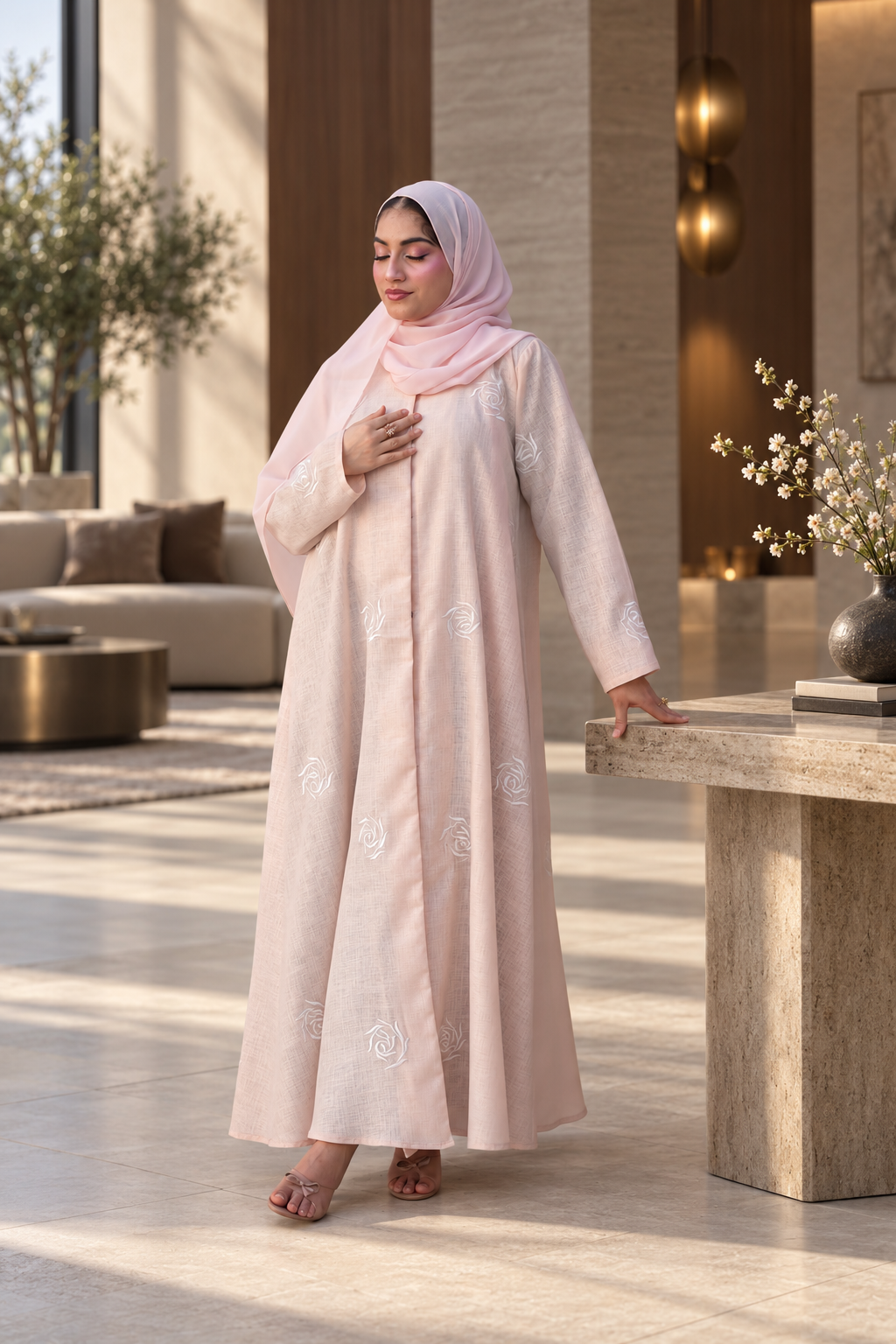 Blush Rose Embroidered Abaya Set - 092672