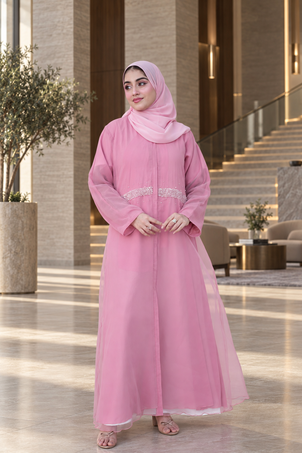 Pink Crystal Waist Chiffon Abaya Set - 092673