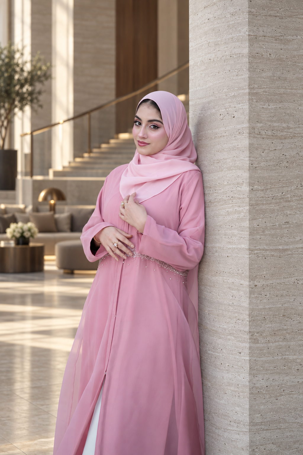 Pink Crystal Waist Chiffon Abaya Set - 092673