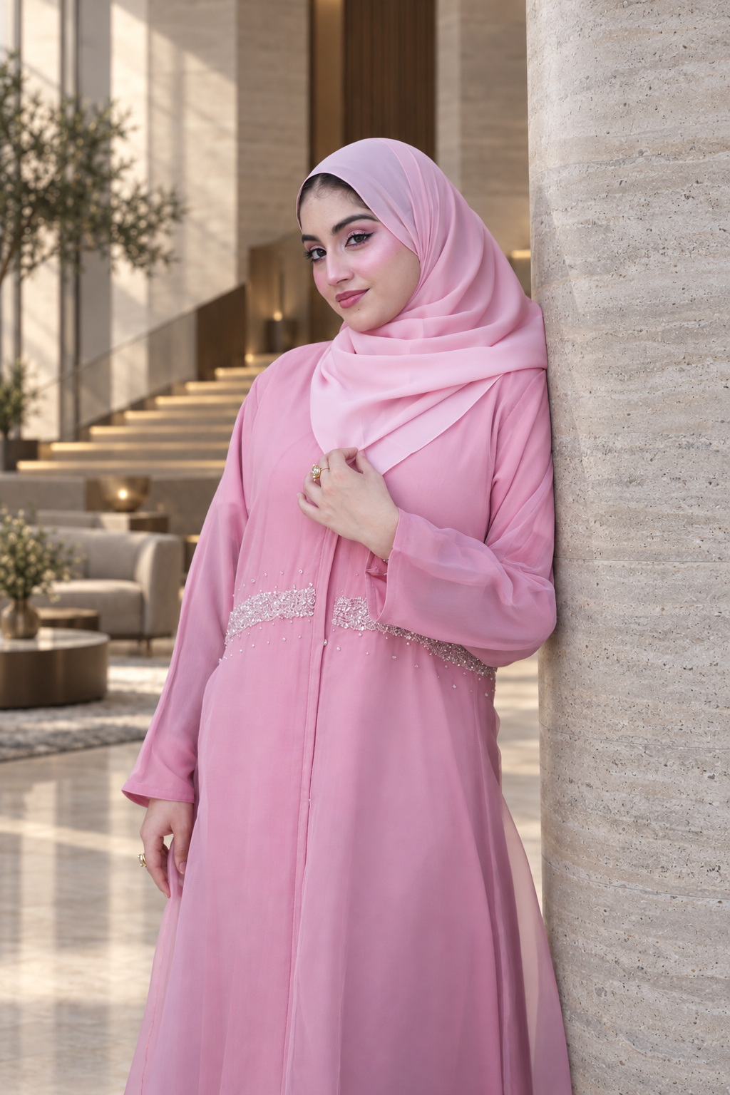 Pink Crystal Waist Chiffon Abaya Set - 092673