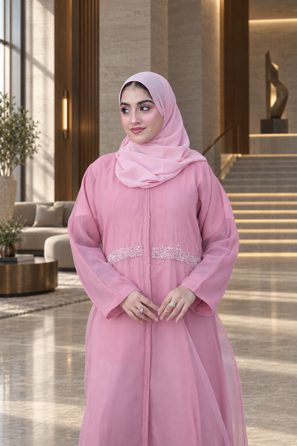 Pink Crystal Waist Chiffon Abaya Set - 092673