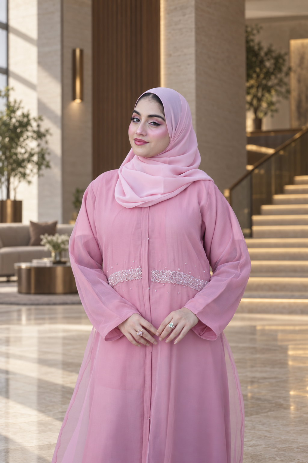 Pink Crystal Waist Chiffon Abaya Set - 092673