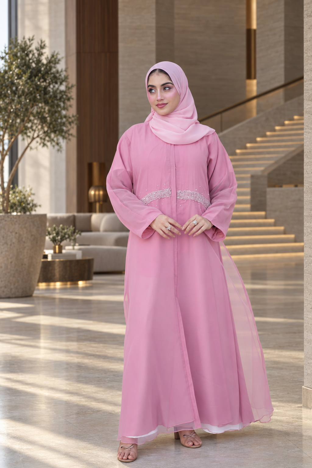 Pink Crystal Waist Chiffon Abaya Set - 092673