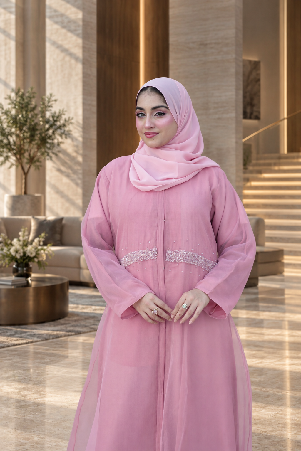 Pink Crystal Waist Chiffon Abaya Set - 092673