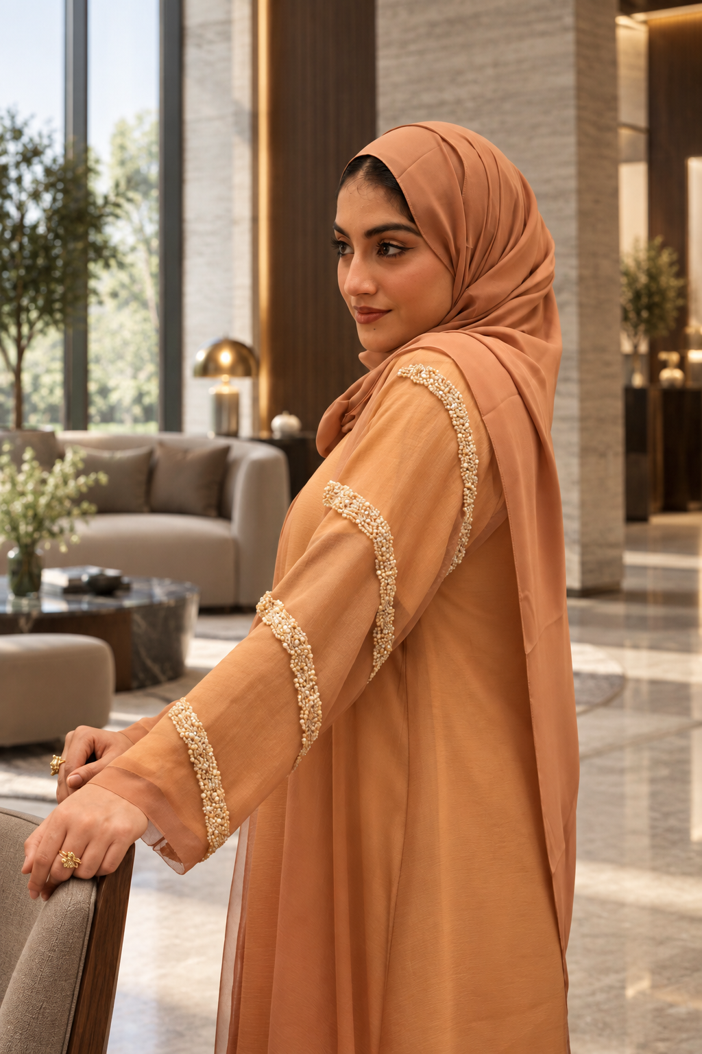 Caramel Pearl-Trim Chiffon Abaya Set - 092674