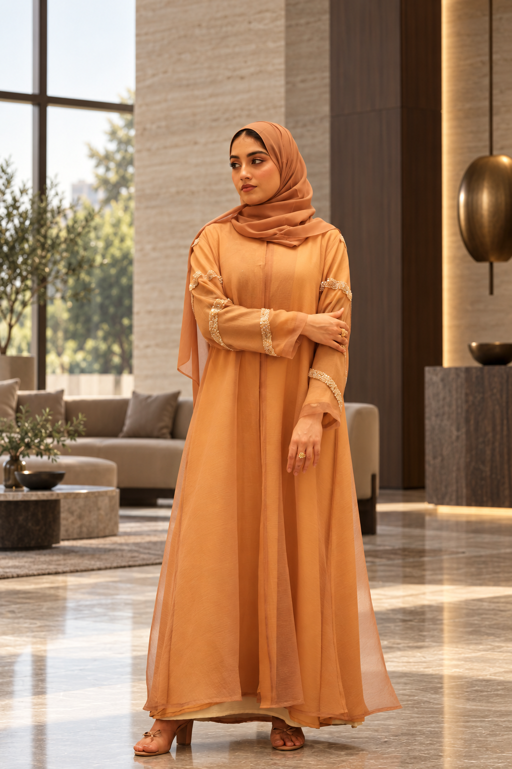 Caramel Pearl-Trim Chiffon Abaya Set - 092674
