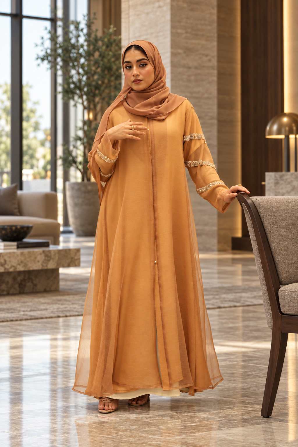 Caramel Pearl-Trim Chiffon Abaya Set - 092674