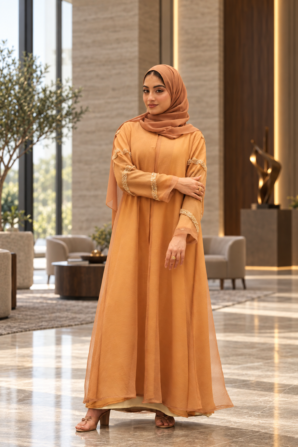 Caramel Pearl-Trim Chiffon Abaya Set - 092674