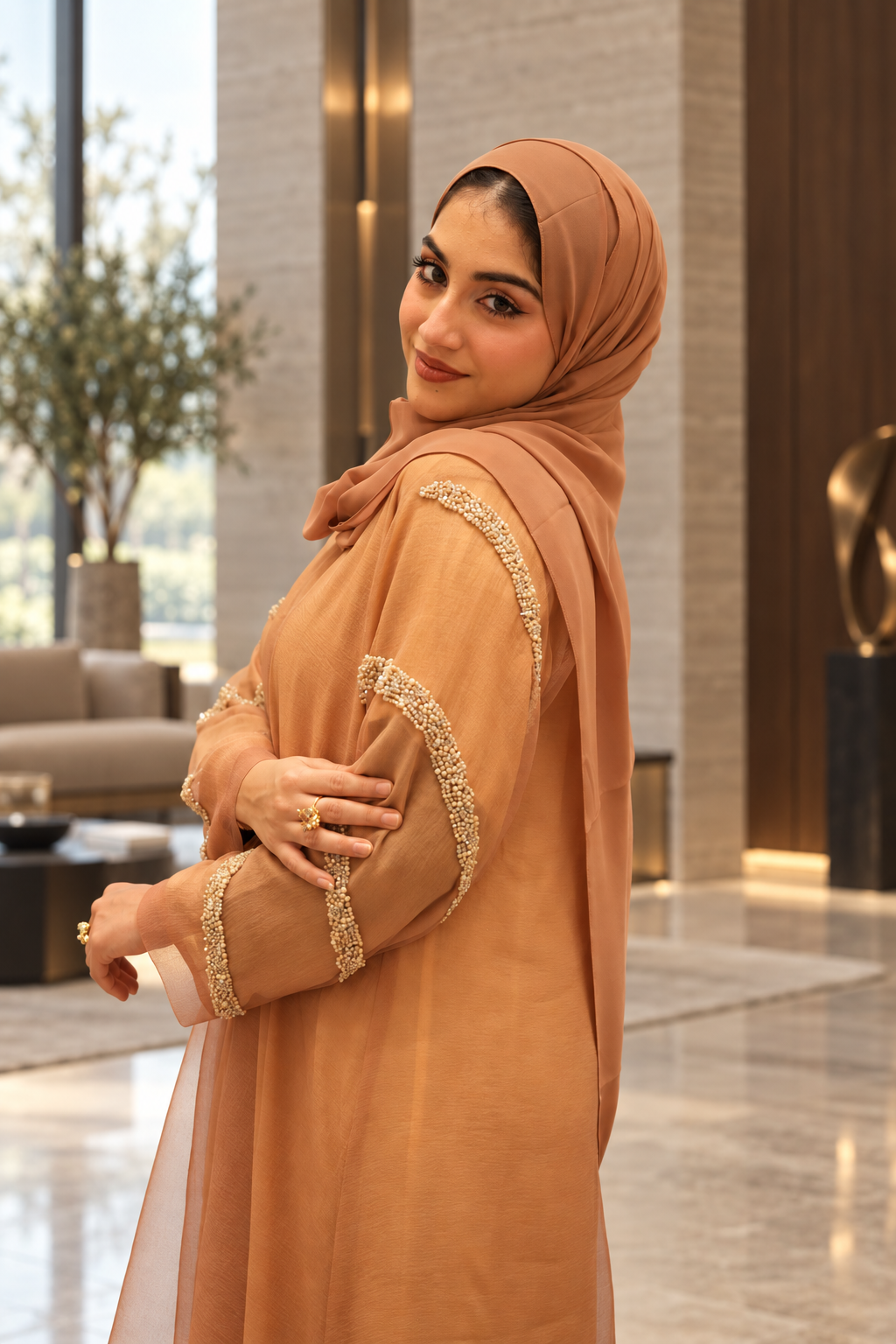Caramel Pearl-Trim Chiffon Abaya Set - 092674
