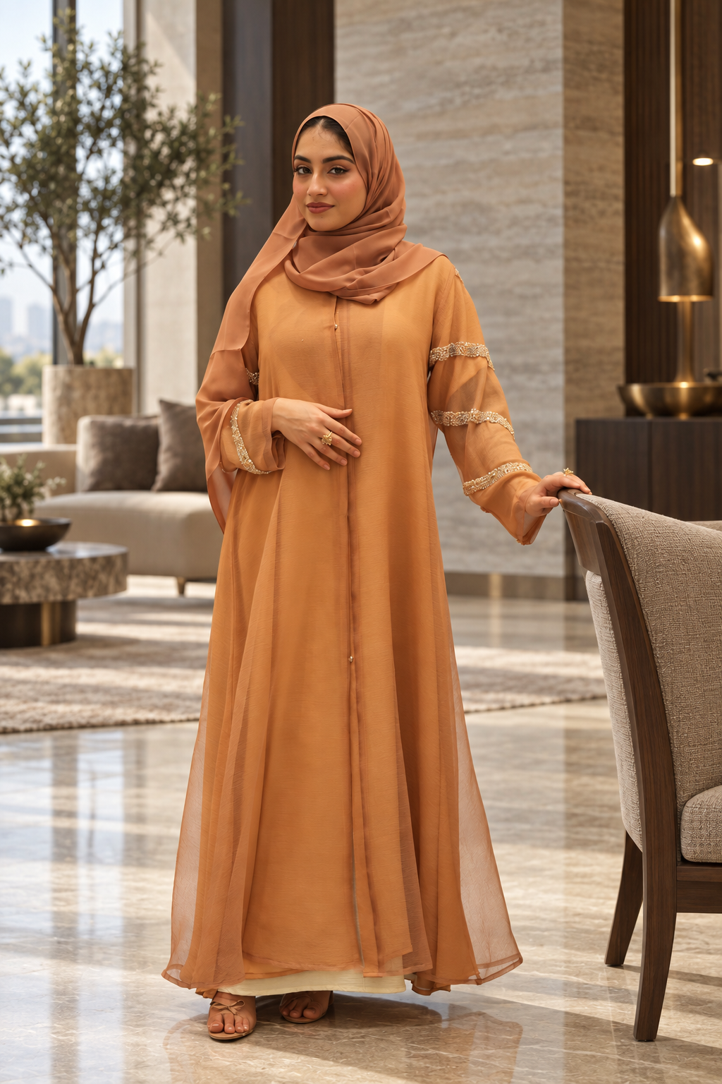 Caramel Pearl-Trim Chiffon Abaya Set - 092674