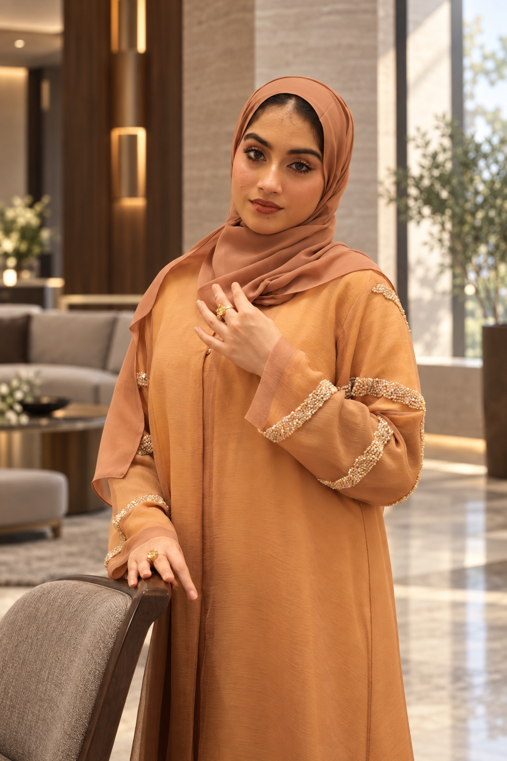 Caramel Pearl-Trim Chiffon Abaya Set - 092674