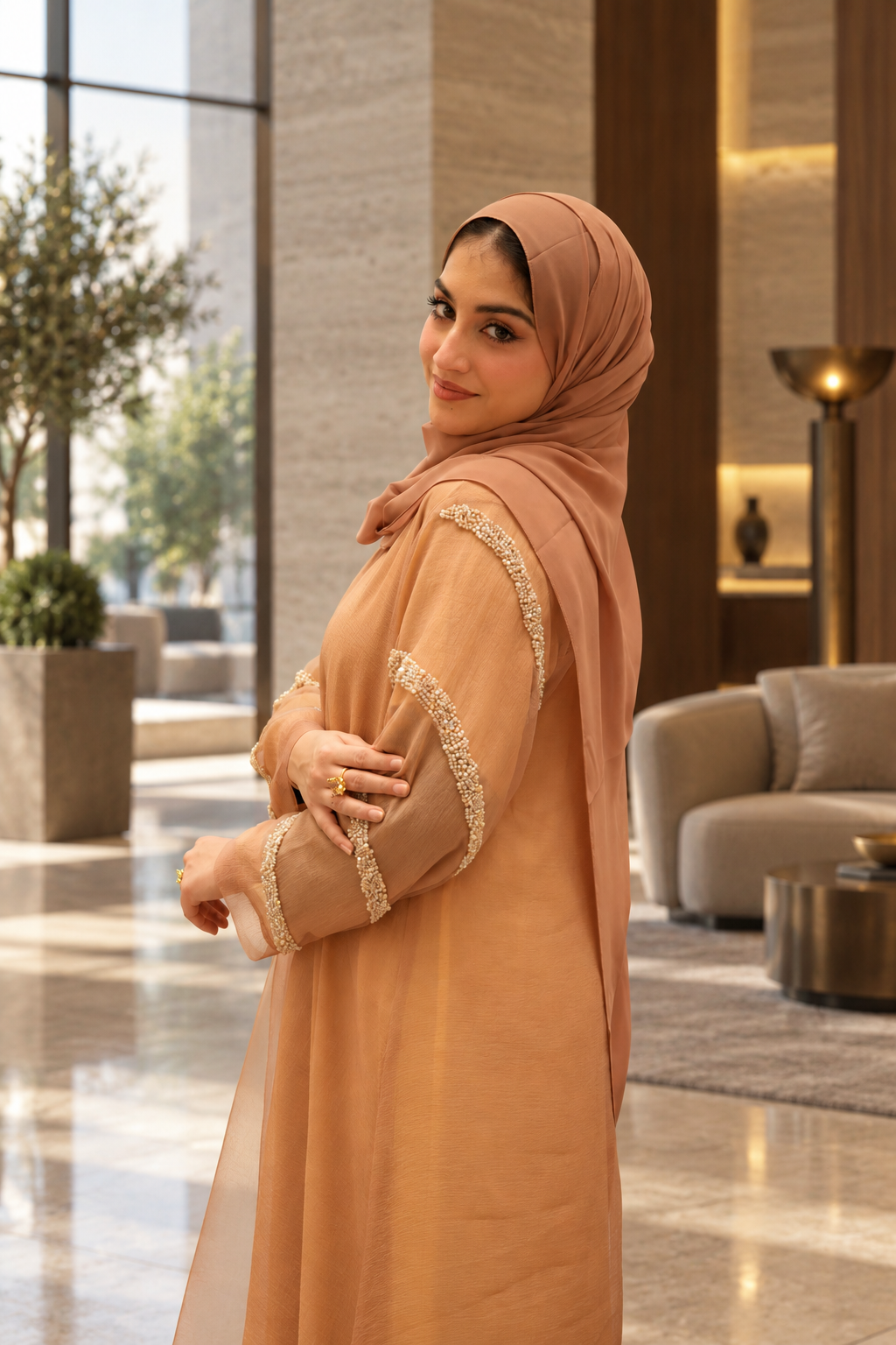 Caramel Pearl-Trim Chiffon Abaya Set - 092674