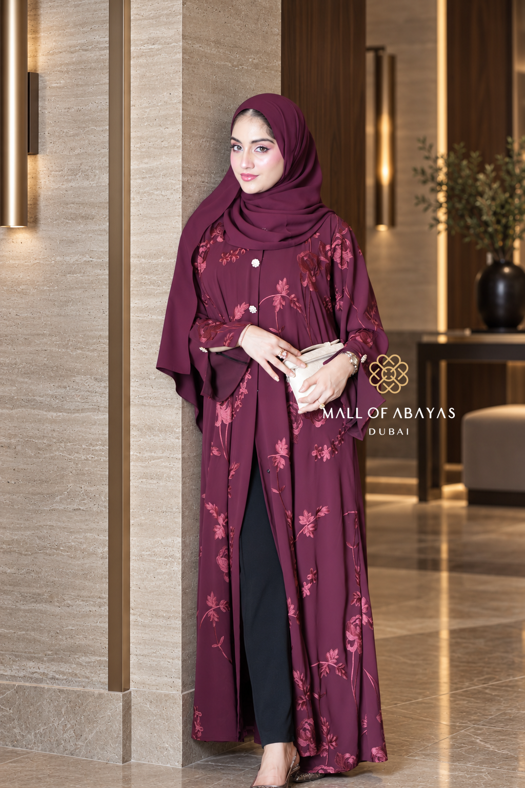 Floral Embroidered  Abaya Set - 092648