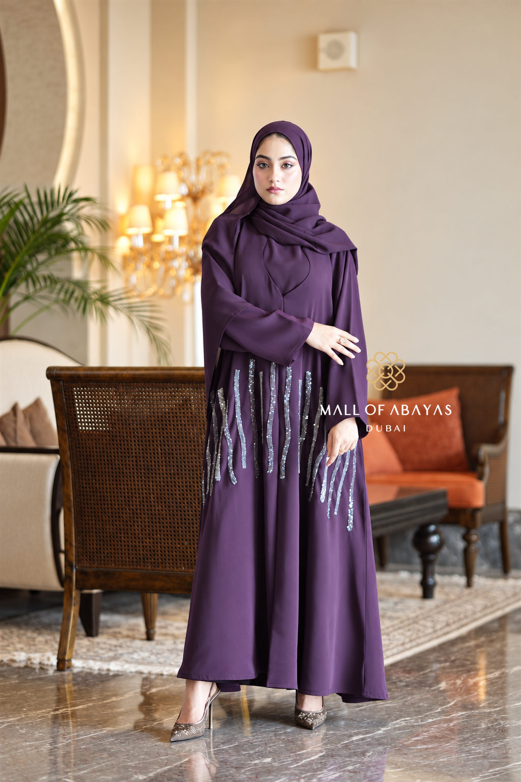 Royal Plum Crystal Wave  Abaya Set - 092652