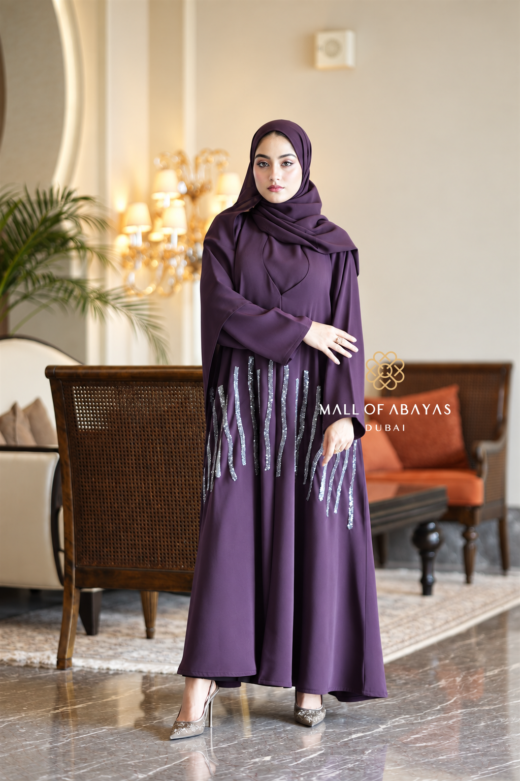 Royal Plum Crystal Wave  Abaya Set - 092652