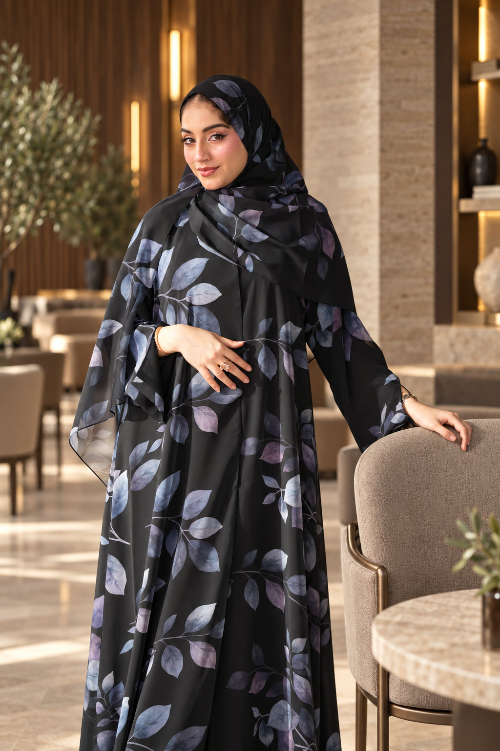 Black Leaf Print Chiffon Abaya Set -092650