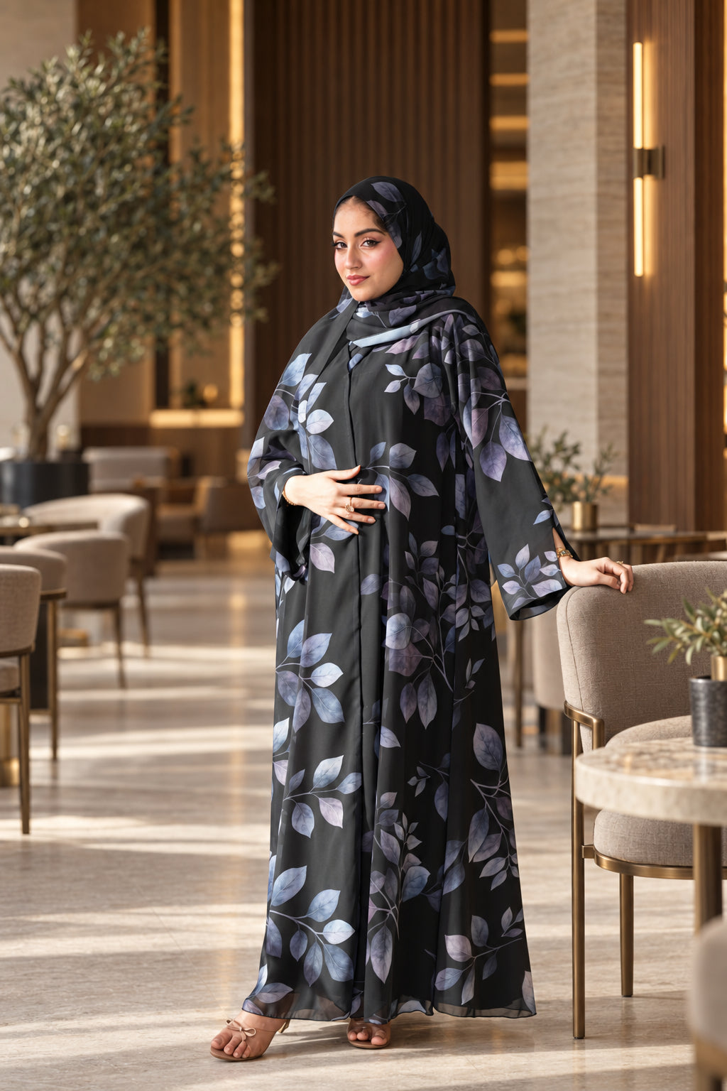 Black Leaf Print Chiffon Abaya Set -092650