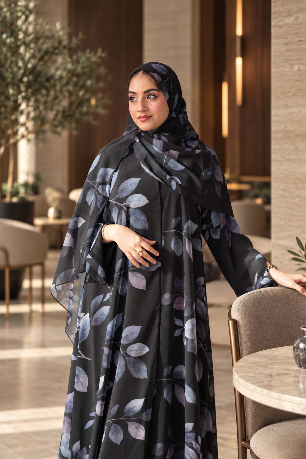 Black Leaf Print Chiffon Abaya Set -092650