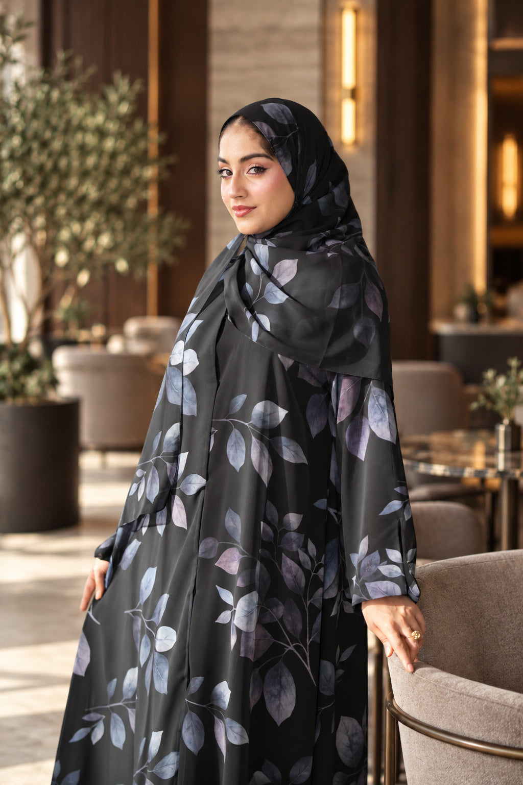 Black Leaf Print Chiffon Abaya Set -092650
