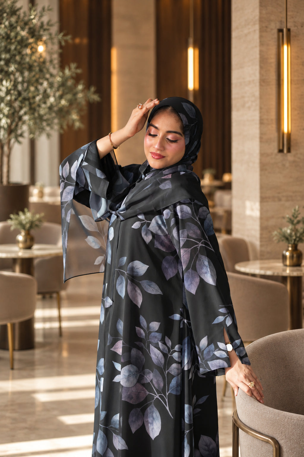 Black Leaf Print Chiffon Abaya Set -092650