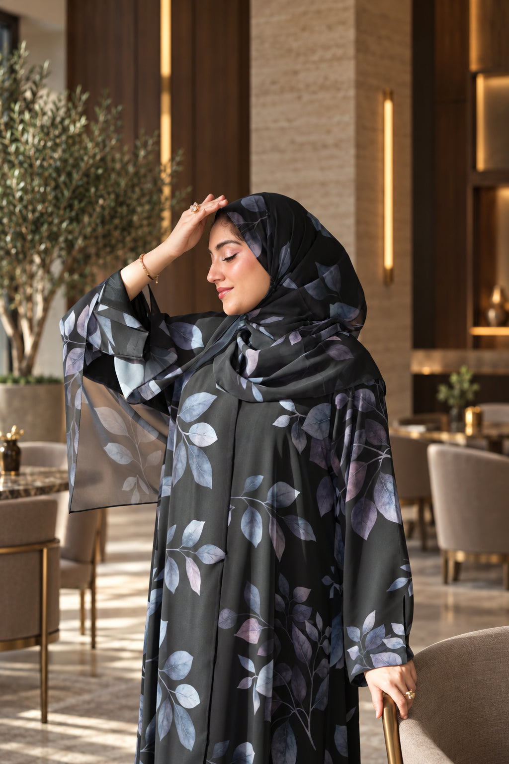 Black Leaf Print Chiffon Abaya Set -092650