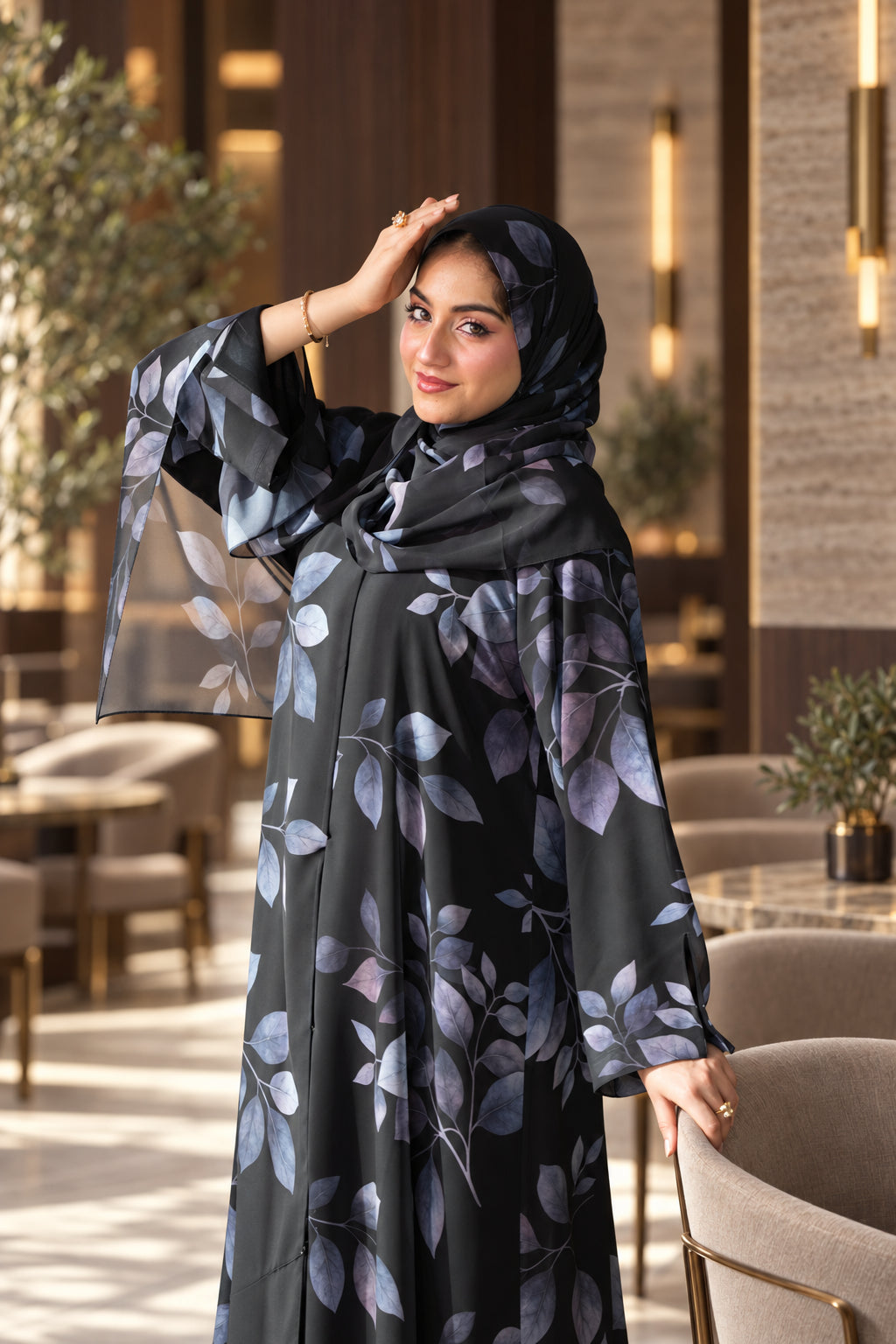 Black Leaf Print Chiffon Abaya Set -092650