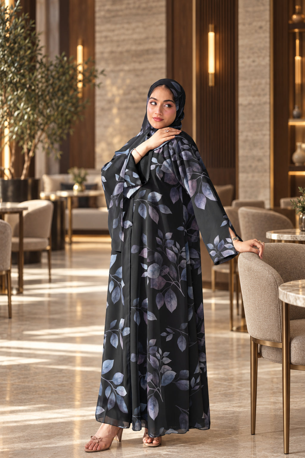 Black Leaf Print Chiffon Abaya Set -092650