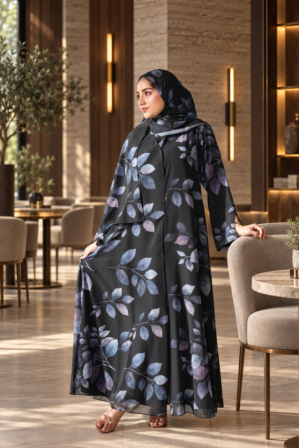 Black Leaf Print Chiffon Abaya Set -092650