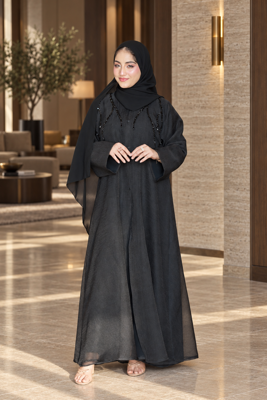 Black Beaded Cascade Abaya Set - 092669